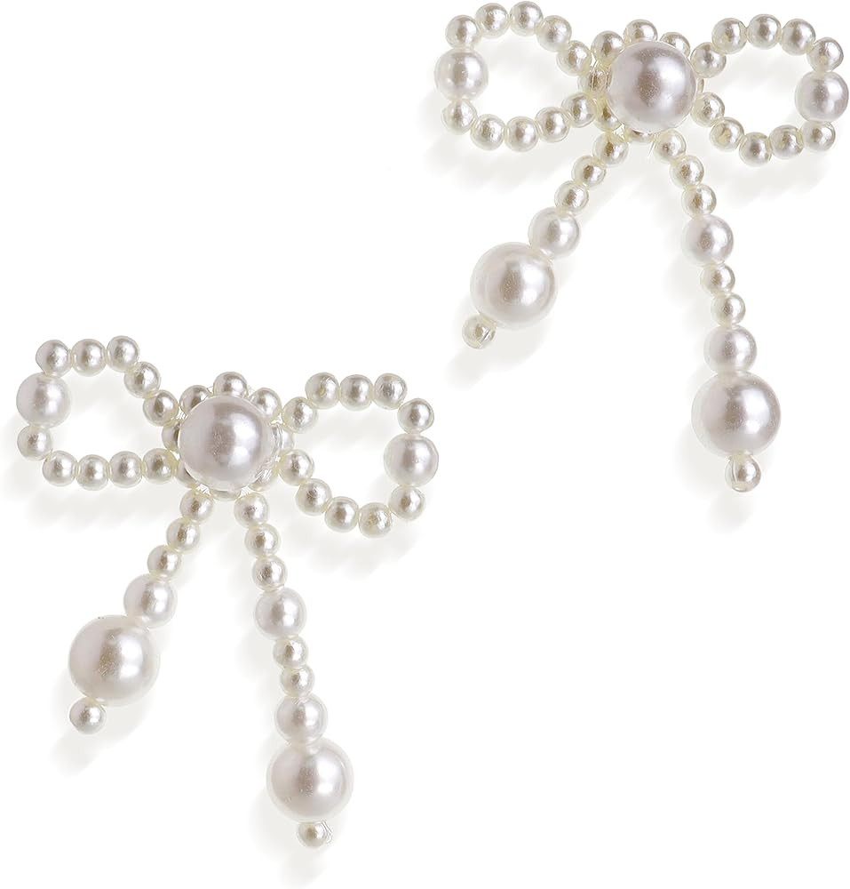 JeanBeau Pearl Bow Dangle Drop Earrings for Women Gold Statement Ribbon Bowknot Earing Dangling C... | Amazon (US)