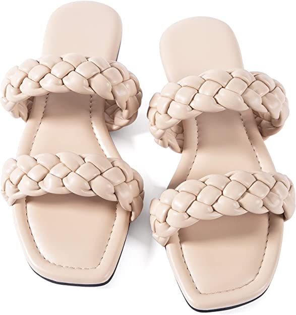 Amazon.com | Women Flat Sandals Braided Leather Nude Summer Slides Comfort Handmade Woven Flops S... | Amazon (US)