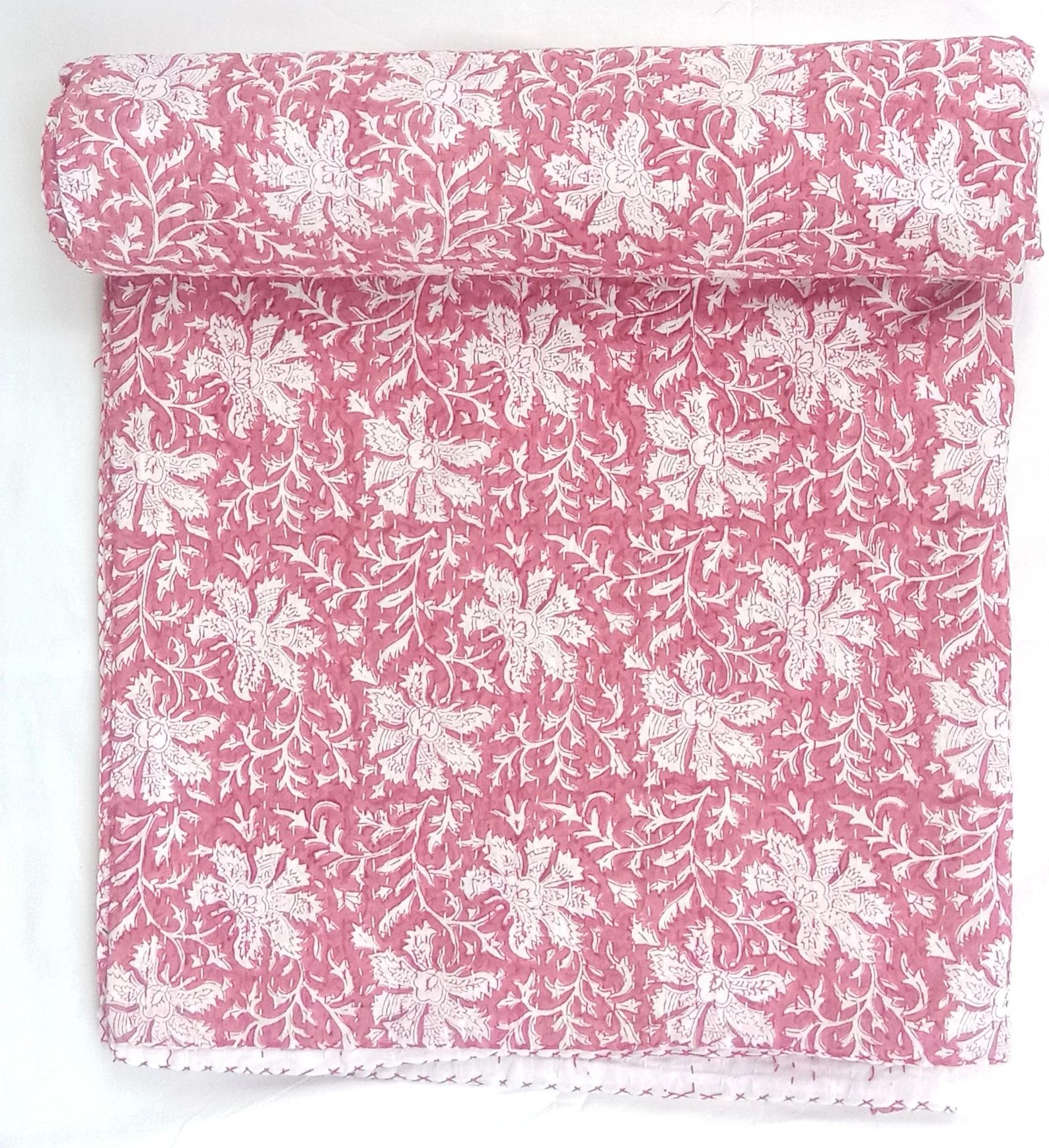 Pink Kantha Quilt Pink Floral Bedspread Kantha Quilt Handmade Bedspread Kantha Queen Kantha Quilt... | Etsy (US)