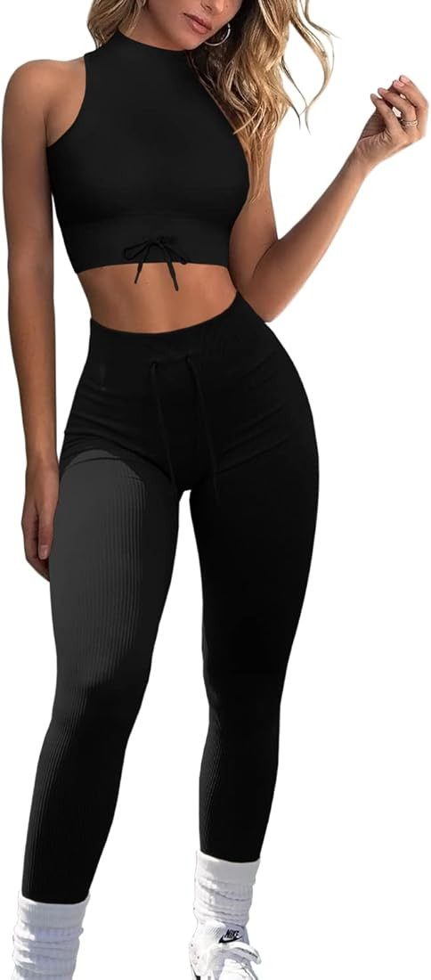 QINSEN Ribbed Workout Sets for Women Seamless High Neck Sport Bra Tummy Control Yoga Leggings 2 P... | Amazon (US)
