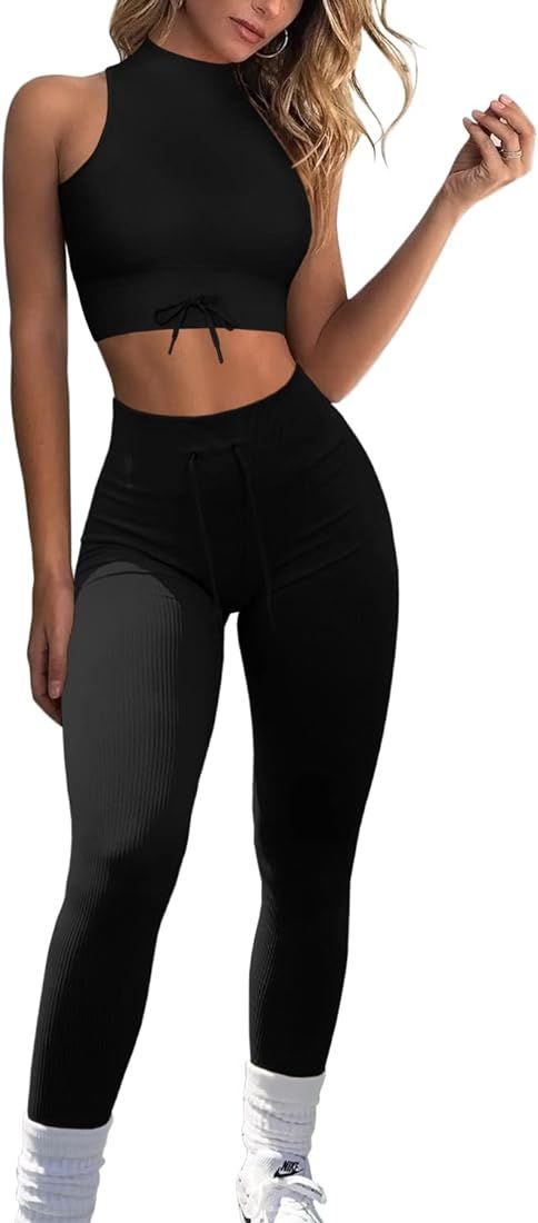 QINSEN Ribbed Workout Sets for Women Seamless High Neck Sport Bra Tummy Control Yoga Leggings 2 P... | Amazon (US)