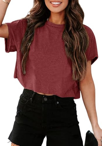 Tankaneo Women Short Sleeve Cropped T-Shirts Crew Neck Loose Crop Tops Summer Casual Drop Shoulde... | Amazon (US)