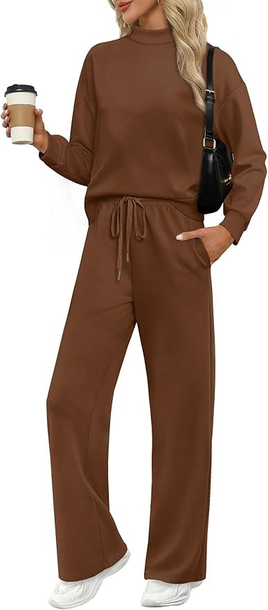 WIHOLL Two Piece Sets for Women Fall Outfits Lounge Sets Mock Neck Tops Wide Leg Pants Vacation T... | Amazon (US)