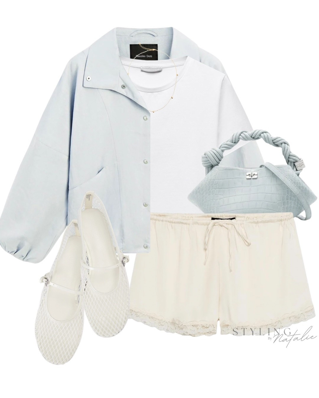 Bomber jacket and satin lace shorts, mesh ballet flats, summer look, spring outfit, baby blue, Mary Jane’s, Zara, massimo dutti, Ganni bag. Date night outfit, summer outfit

#LTKsummer #LTKspring #LTKuk
