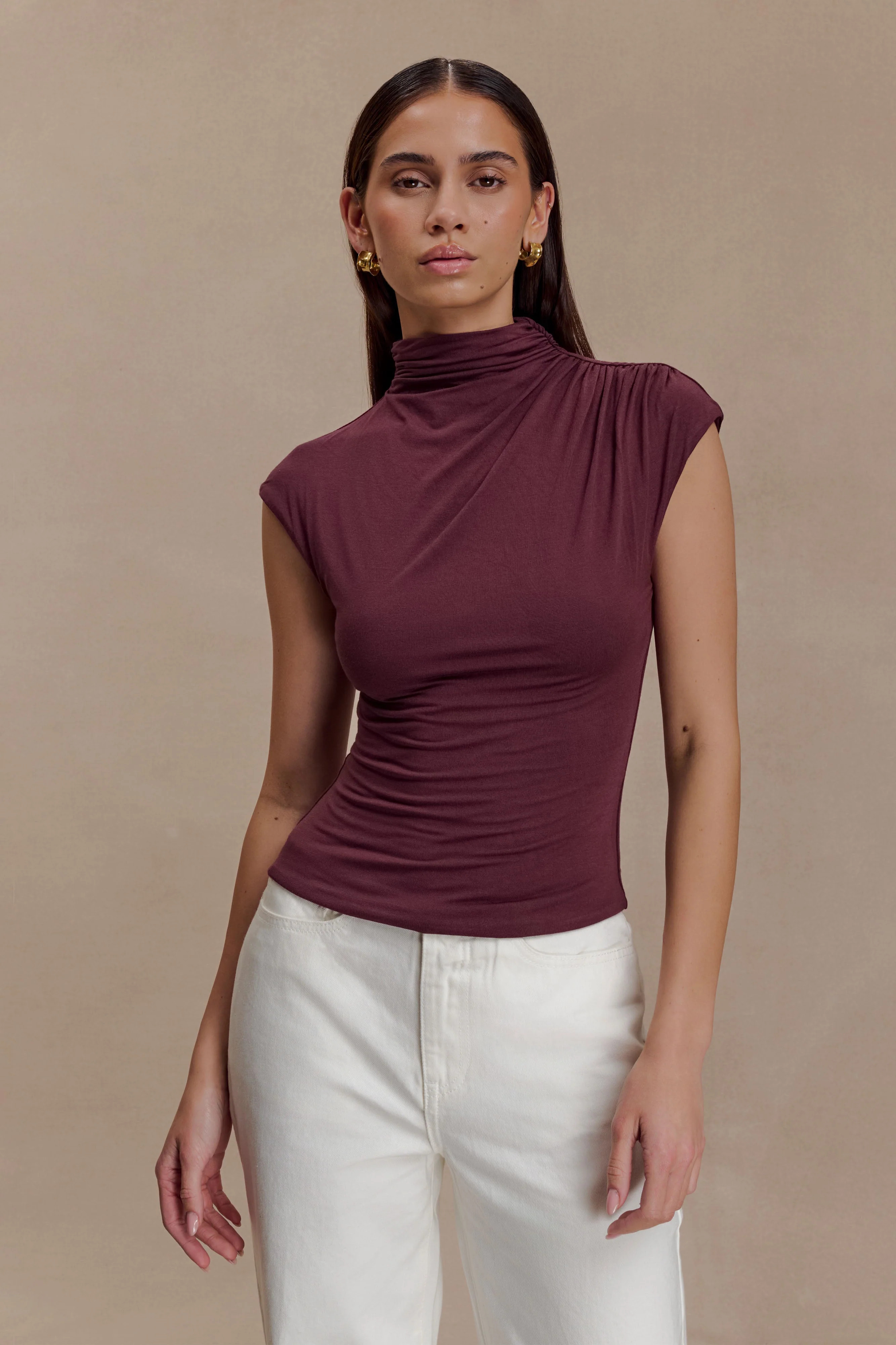Freesia High Neck Sleeveless Top - Mahogany | MESHKI US