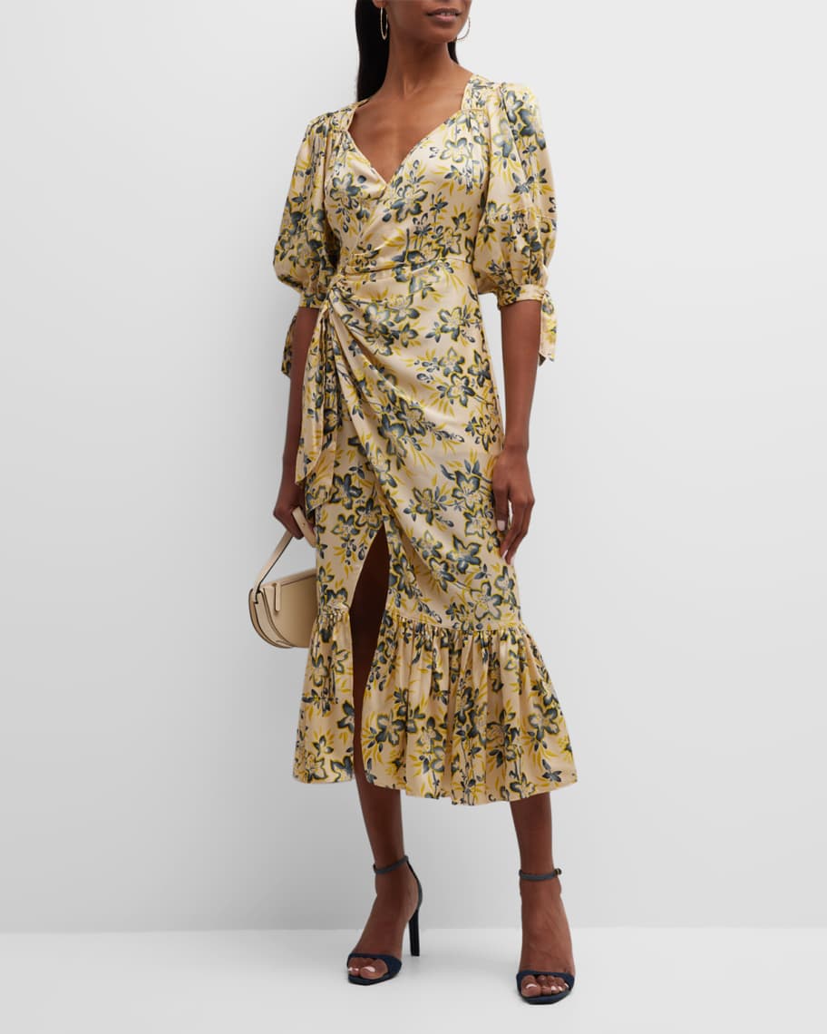 Cinq a Sept Kerstin Puff-Sleeve Floral Midi Wrap Dress | Neiman Marcus