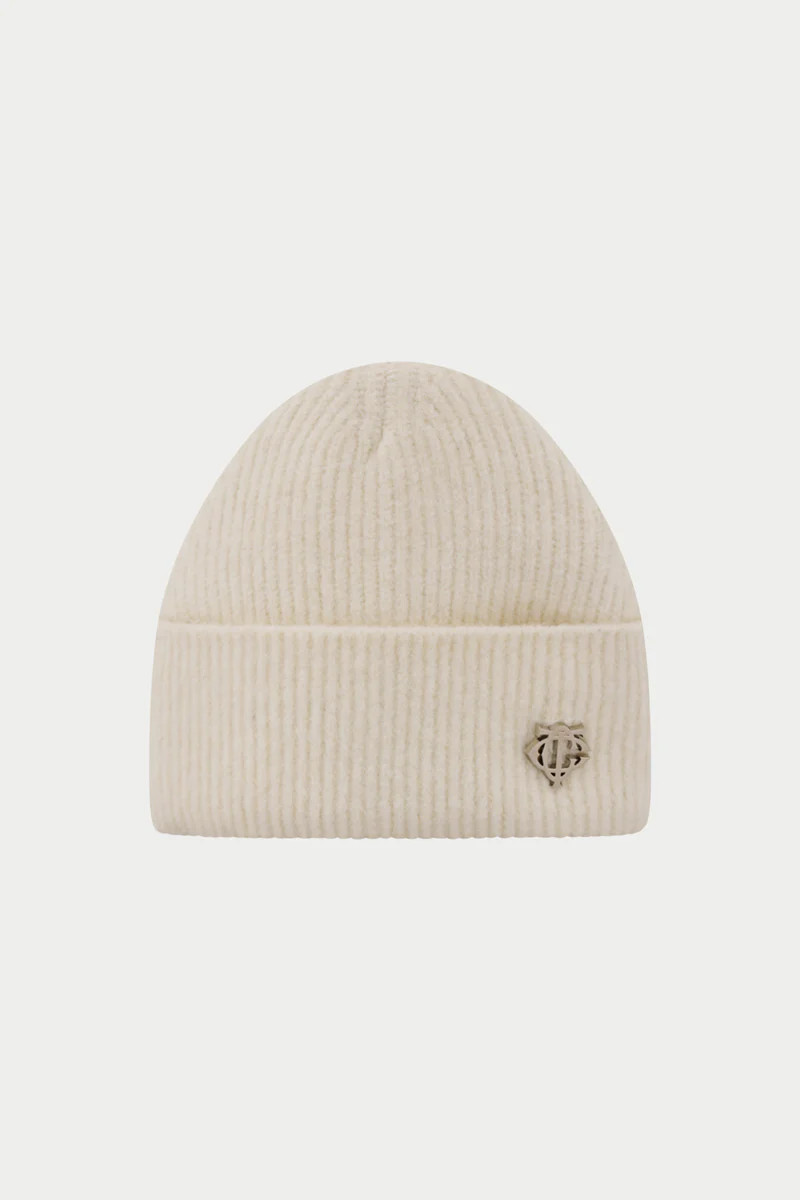 FLUFFY KNIT MONOGRAM PIN BADGE BEANIE - OFF WHITE | The Couture Club