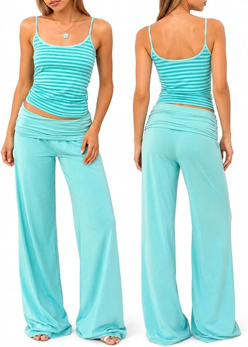 Fcteap Women's Striped Cami Top & Wide Leg Pants 2 Piece Set Cute Coquette | Amazon (US)