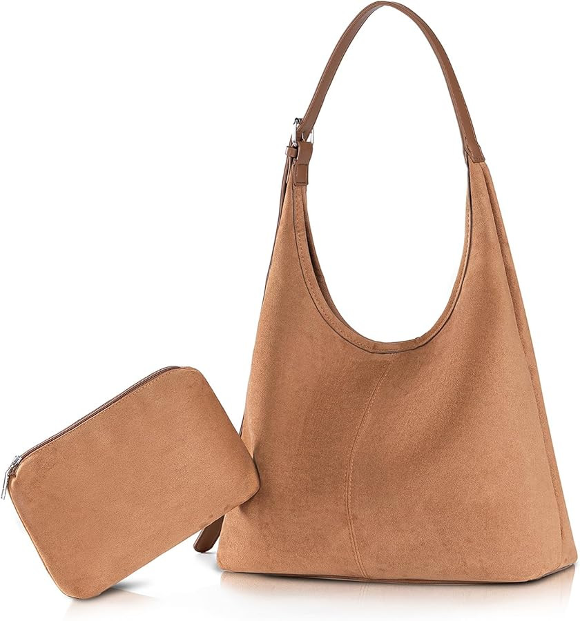 2PCS Brown Suede Bags for Women - Trendy Adjustable Strap Hobo Tote Shoulder Handbag, Fall Winter... | Amazon (US)