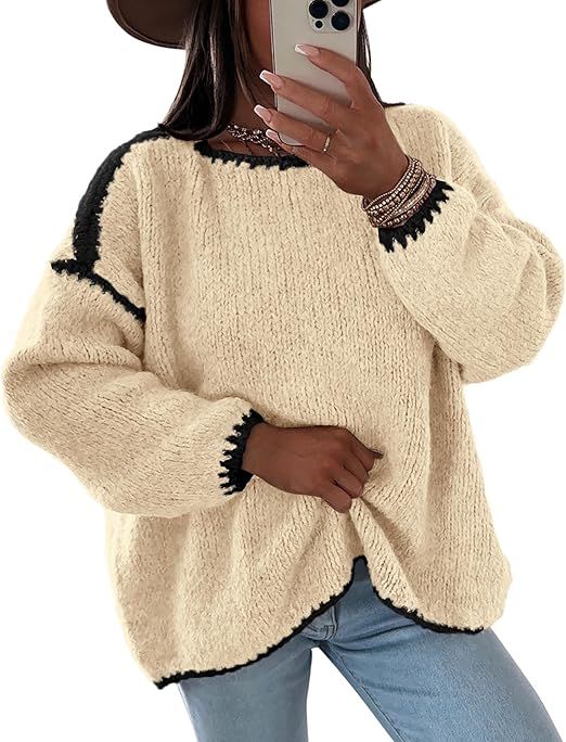 KIRUNDO Womens Sweaters 2024 Fall Oversized Long Sleeve Chunky Knit Crew Neck Contrast Stitching ... | Amazon (US)