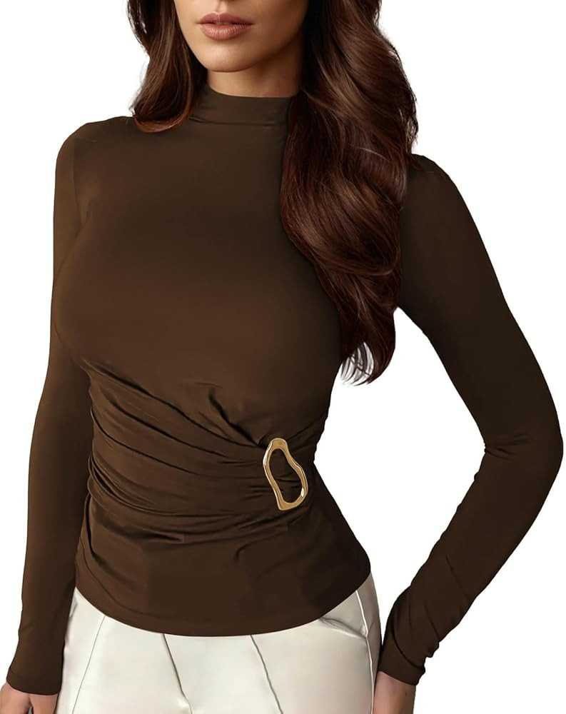 Pink Queen Women's 2025 Fall Long Sleeve Shirts Mock Neck Button Decor Ruched Slim Fit Going Out ... | Amazon (US)