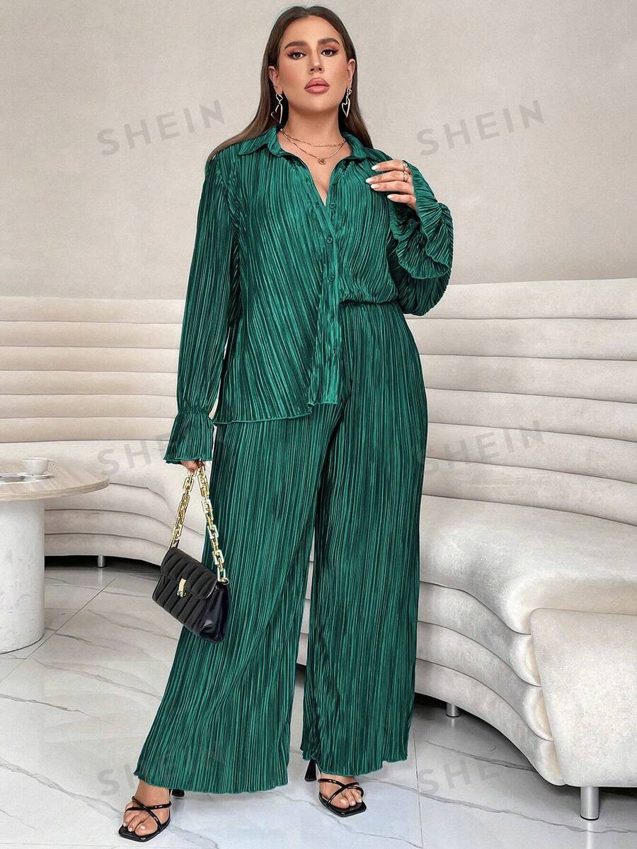 SHEIN Essnce 2pcs Plus Size Women Spring And Summer Solid Color Long Sleeve Shirt And Loose Casua... | SHEIN