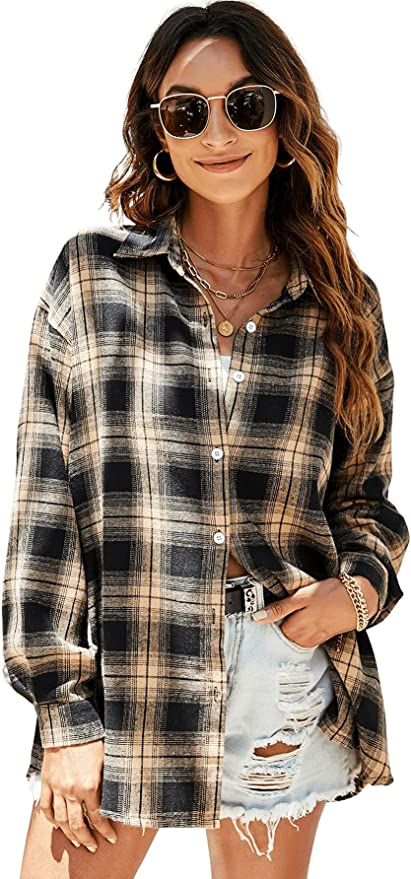 SweatyRocks Women's Long Sleeve Collar Long Button Down Plaid Shirt Blouse Tops | Amazon (US)