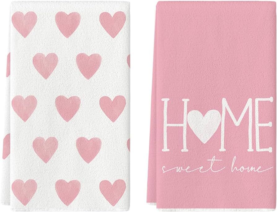 Artoid Mode Pink Heart Love Home Sweet Home Valentine's Day Kitchen Towels Dish Towels, 18x26 Inch Anniversary Wedding Decoration Hand Towels Set of 2 | Amazon (US)