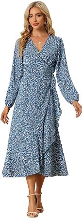 Allegra K Women's Long Sleeve Midi Dress Tie Waist Vintage Floral Print Wrap Boho Flowy Long Dres... | Amazon (US)