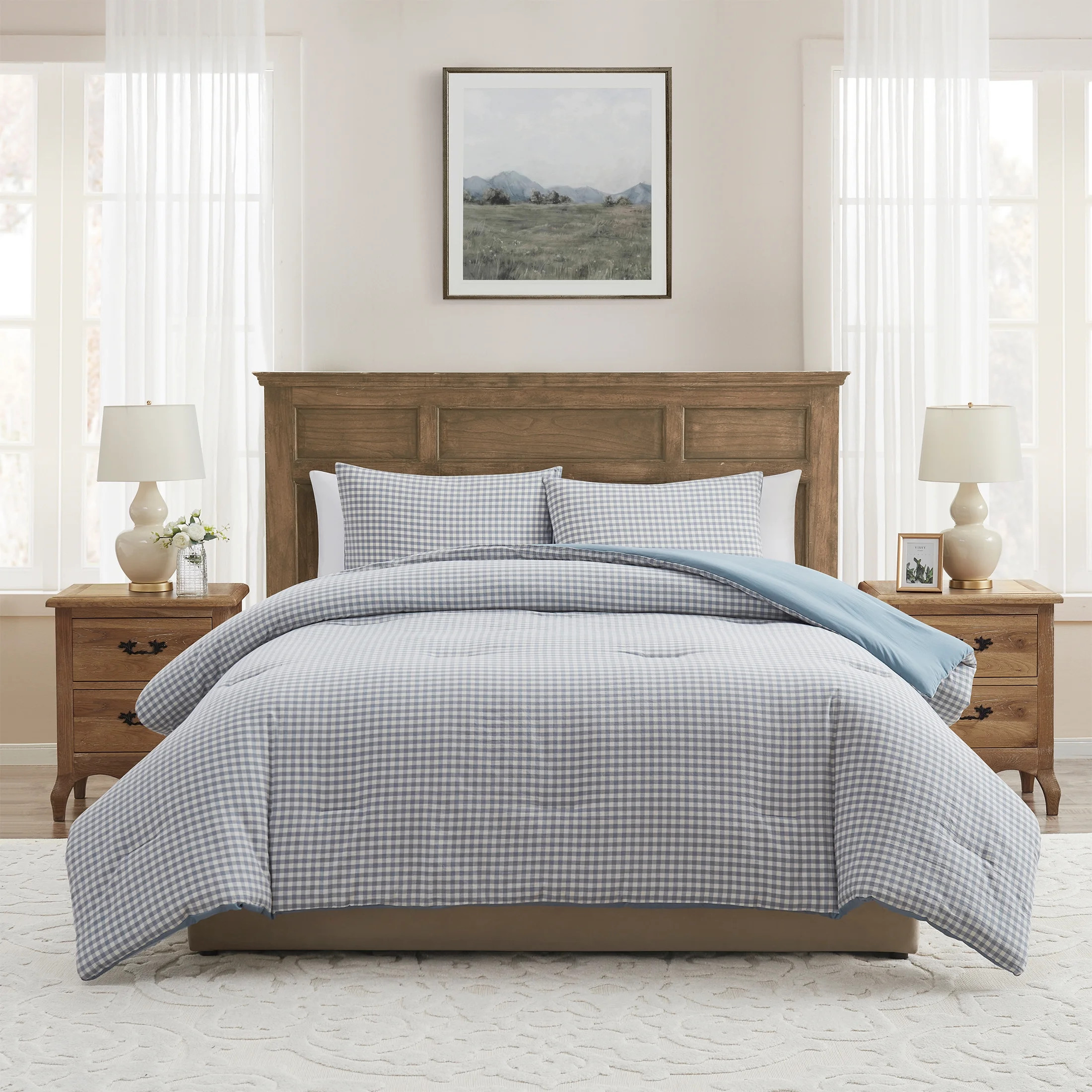 My Texas House Collins 3-Piece Blue Gingham Cotton Comforter Set, Full/Queen | Walmart (US)