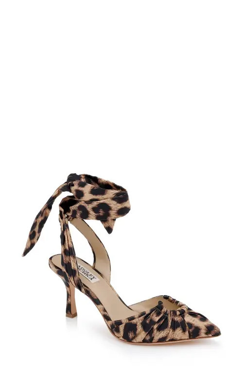 Badgley Mischka Collection Vania Ankle Wrap Pointed Toe Pump in Natural Leopard at Nordstrom, Size 9.5 | Nordstrom