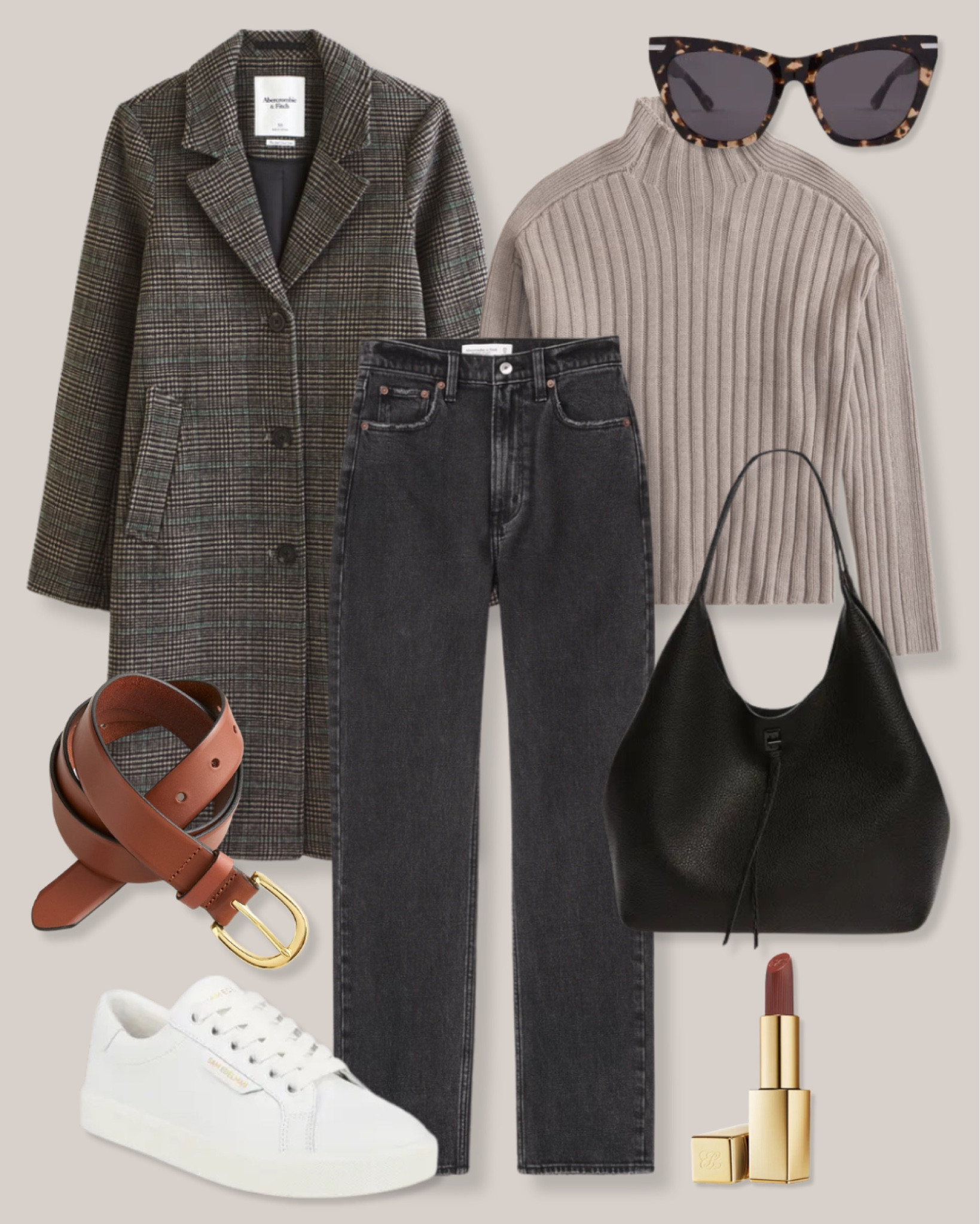 Plaid coat
Dark gray coat
Abercrombie dad coat
Taupe sweater
Tortoise sunglasses
Faded black jeans
Black hobo bag
Black handbag
Brown leather belt
White sneakers 
Sam Edelman Ethyl sneakers
Dark pink lipstick
Abercrombie outfit
Smart casual outfit
Business casual outfit
Winter work outfit

#LTKfindsunder100 #LTKstyletip #LTKSeasonal
