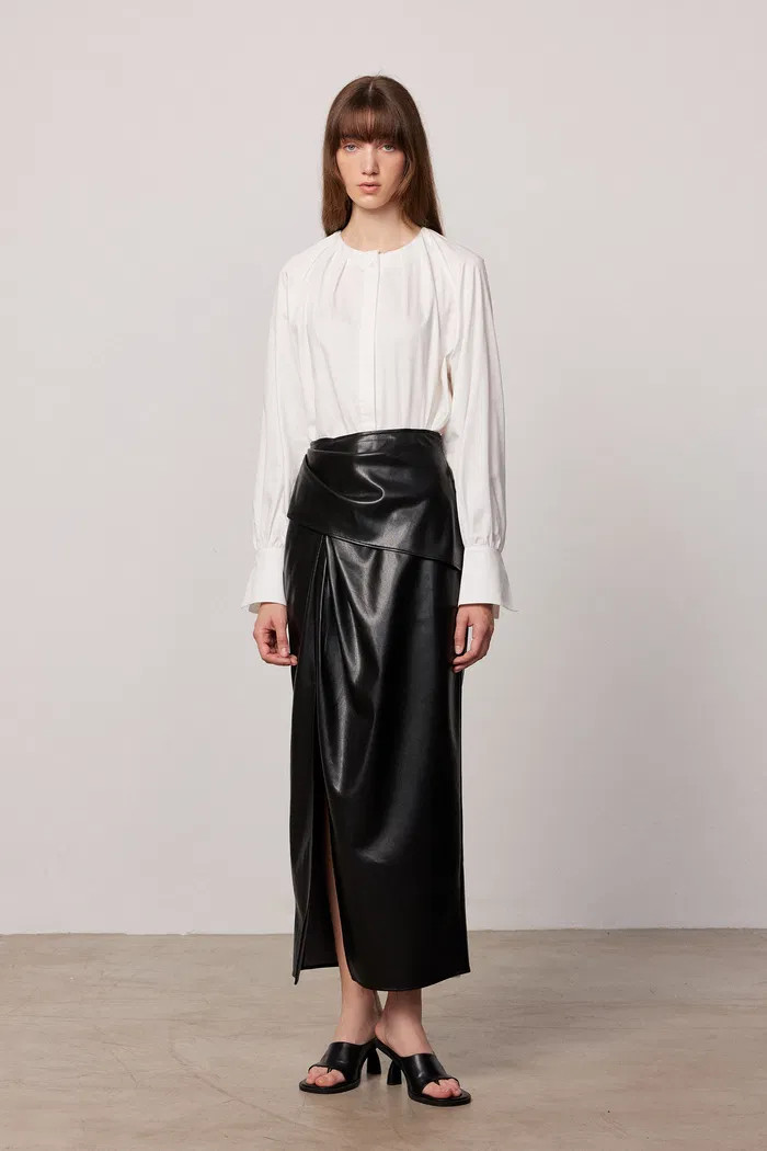 Leona Pleated Slit Skirt in Vegan Leather | Fabrique