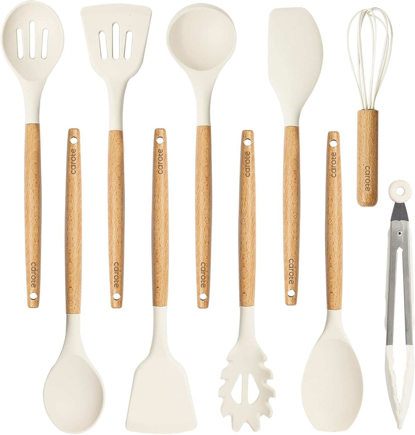 CAROTE 10-Piece Kitchen Utensils Set with Wood Cool-Touch Handles, Cream | Amazon (US)
