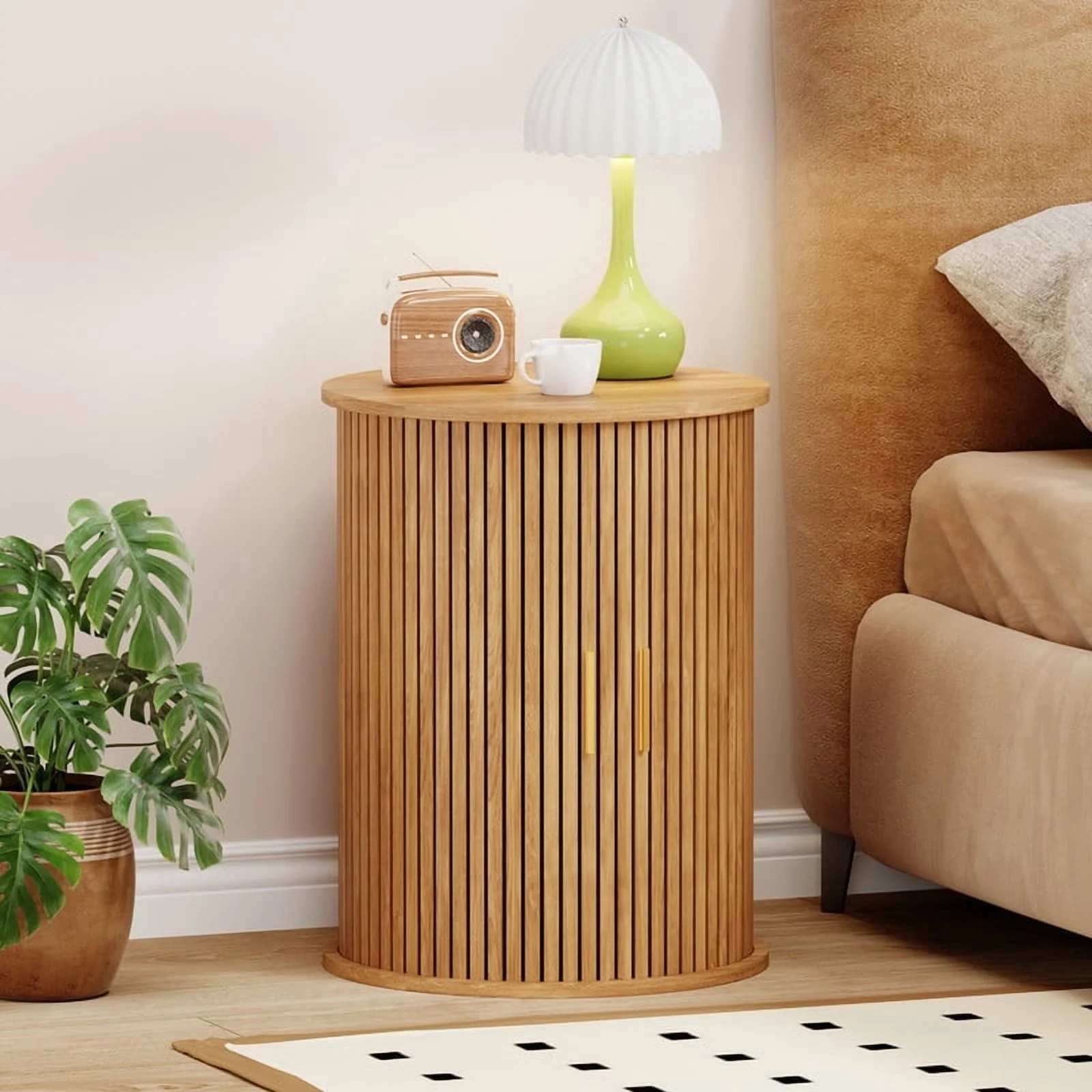Fluted Round Side Table, Mid Century Modern Night stand with Sliding Tambour Door and Storage Shelf, Wood Bedside Table, End Table for Small Space,Bedroom, Living Room - Walmart.com | Walmart (US)