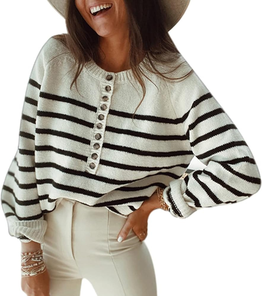 Amkoyam Women’s Striped Sweaters Long Sleeves Knitted Casual Pullovers Loose Fit Shirt Tops with But | Amazon (US)