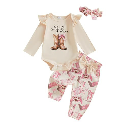 Ayalinggo Newborn Baby Girl Cowboy Outfits Letter Long Sleeve Romper Cowgirl Boots Print Pants Cute Infant Western Clothes (Ivory, 9-12 Months) | Amazon (US)