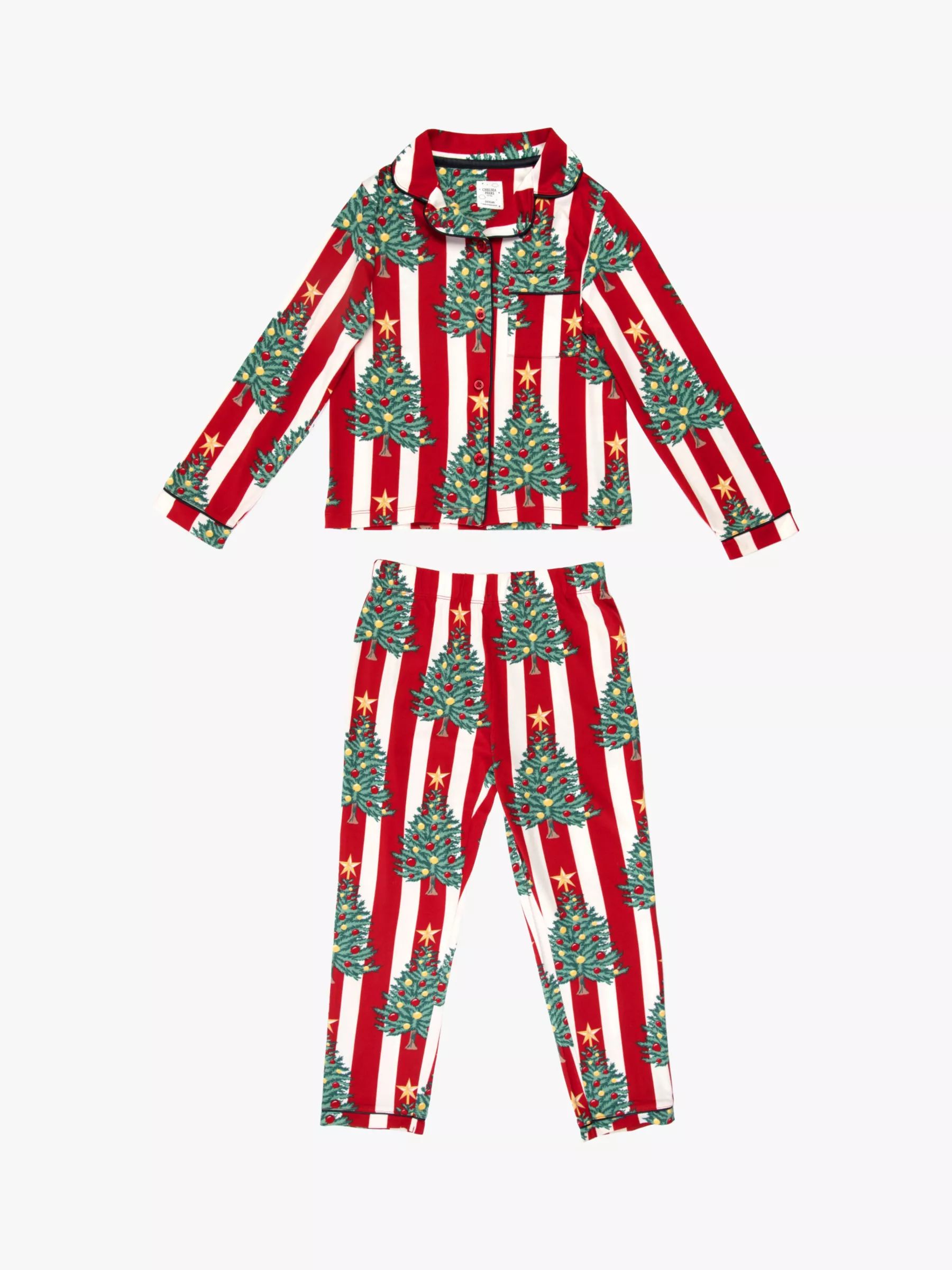 Chelsea Peers Kids' Christmas Tree & Stripe Print Pyjama Set, Red | John Lewis (UK)