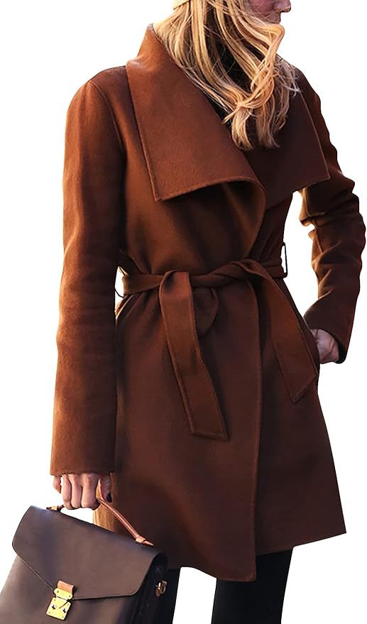 Womens Casual Classic Turn Down Collar Belted Wrap Coat Blend Slim Fit Coats Winter Outwear | Amazon (US)