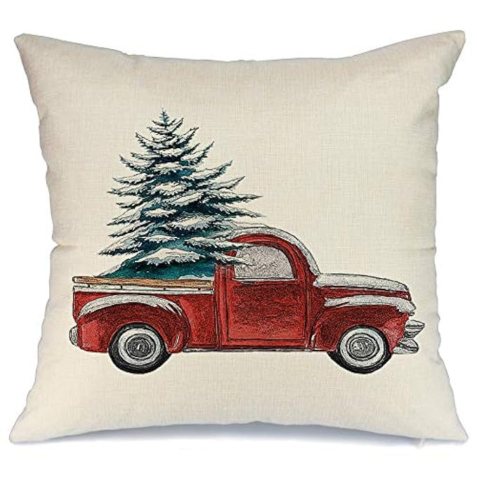 AENEY Christmas Pillow Cover 18x18 for Couch Red Truck and Christmas Tree with Snow Throw Pillow Far | Amazon (US)