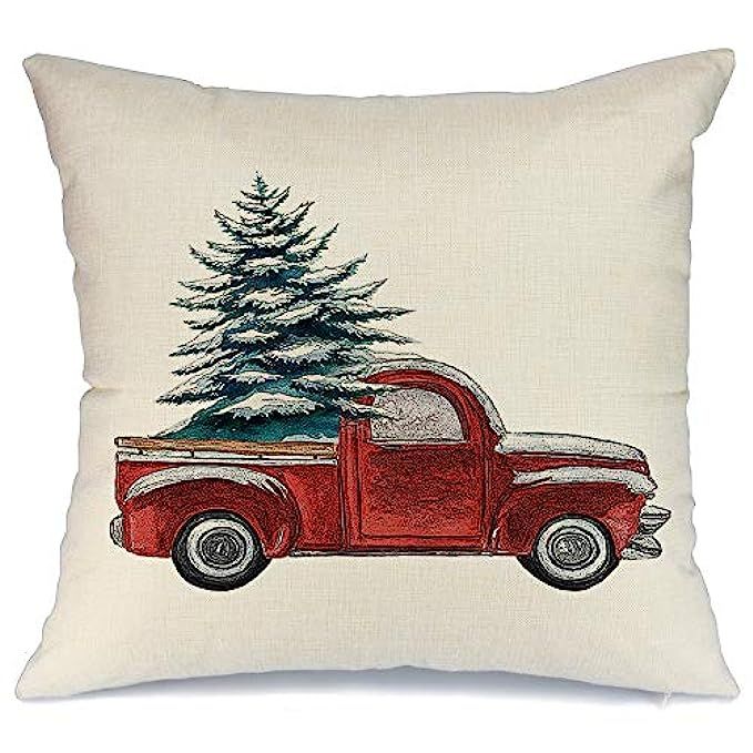 AENEY Christmas Pillow Cover 18x18 for Couch Red Truck and Christmas Tree with Snow Throw Pillow Far | Amazon (US)