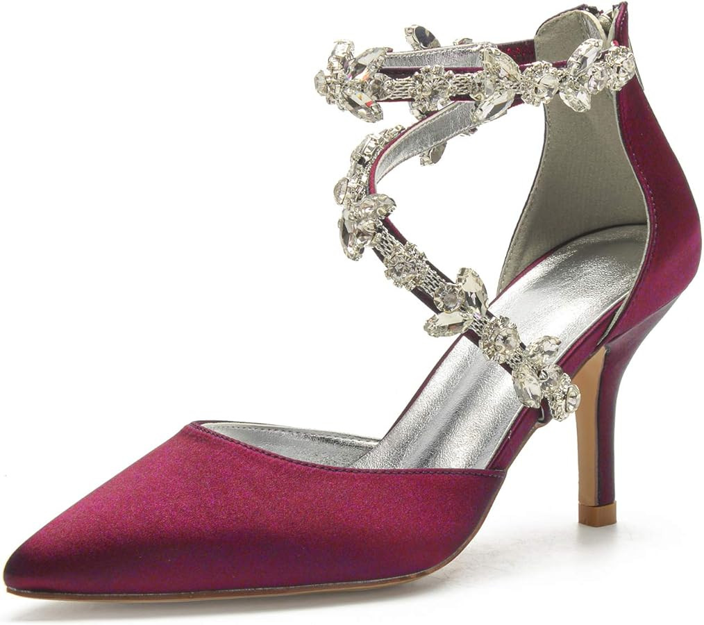 Anna's Bridal Women's Pointed Toe High Heels Pumps Ankle Strap Rhinestones Satin Heels Wedding Sh... | Amazon (US)