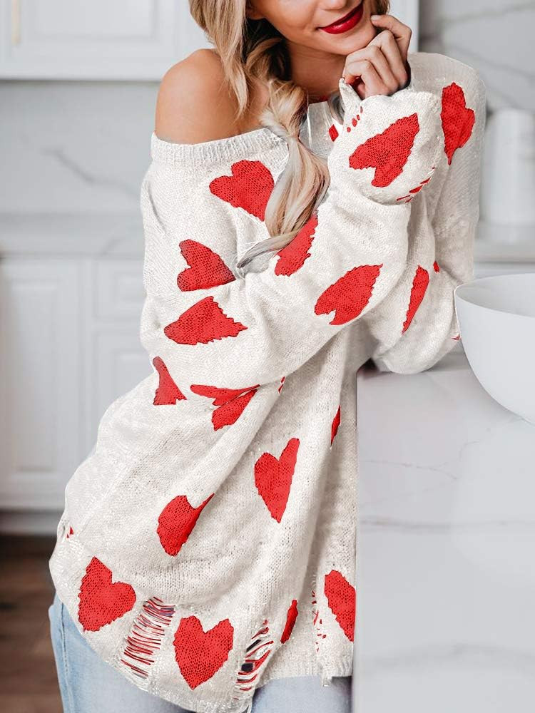 Chang Yun Women Off Shoulder Knitted Pullovers Sweater Loose Long Sleeve Hearts Printed Ripped Tops | Amazon (US)