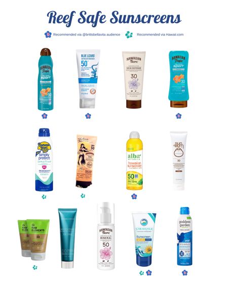 Here are the top rated Reef Safe Sunscreens. Rated from top left to bottom is the highest customer rating on Amazon. Sunscreens we’re chosen based on personal recommendations from my social media audience (@brittsbellavita), Hawaii.com and a mix of other articles online. Please do your own research to find the best solution for you, and make sure you are wearing reef safe even if you are not swimming in the ocean ♻️🌊🤙🏼

#LTKSeasonal #LTKtravel #LTKswim