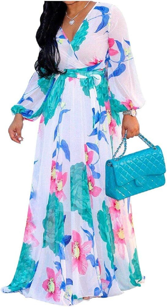 lvenzse Womens Maxi Dress Boho Chiffon Floral Printed V-Neck Long Dresses | Amazon (US)
