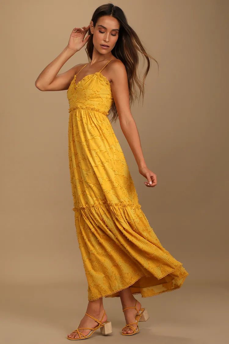 Charm and Charisma Mustard Yellow Burnout Floral Midi Dress | Lulus (US)