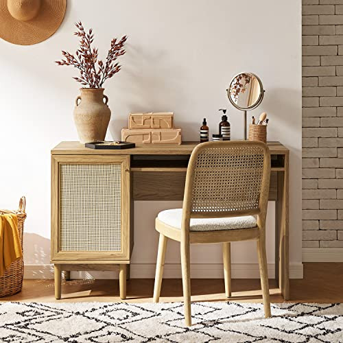 mopio Haylee Boho Farmhouse Writing Desk, with Natural Rattan Exterior Door, Ample Storage, Adjustable Shelves, for Study, Vanity, Makeup, & Work, in Bedroom, Home Office (Haylee Study Desk) | Amazon (CA)