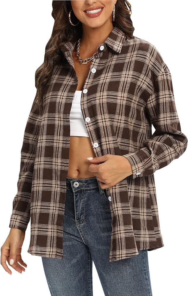 LYANER Women's Long Sleeve Plaid Collar Button Down Boyfriend Shirt Blouse Top | Amazon (US)