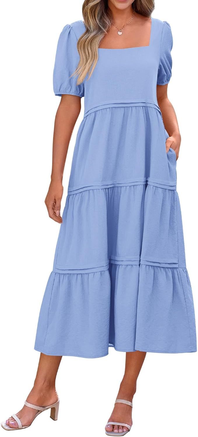 KIRUNDO Womens Summer Maxi Dress Casual Loose Puff Sleeve Square Neck Tiered Maternity Flowy Long... | Amazon (US)