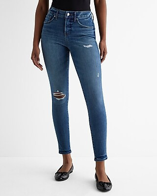 Mid Rise Dark Wash Ripped Skinny Jeans | Express