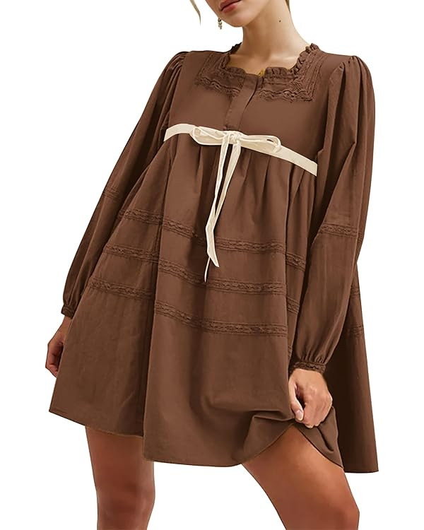 MISSACTIVER Women Long Puff Sleeve Flowy Mini Dress Cute Bow Tie Front Babydoll Dress Trendy Embr... | Amazon (US)