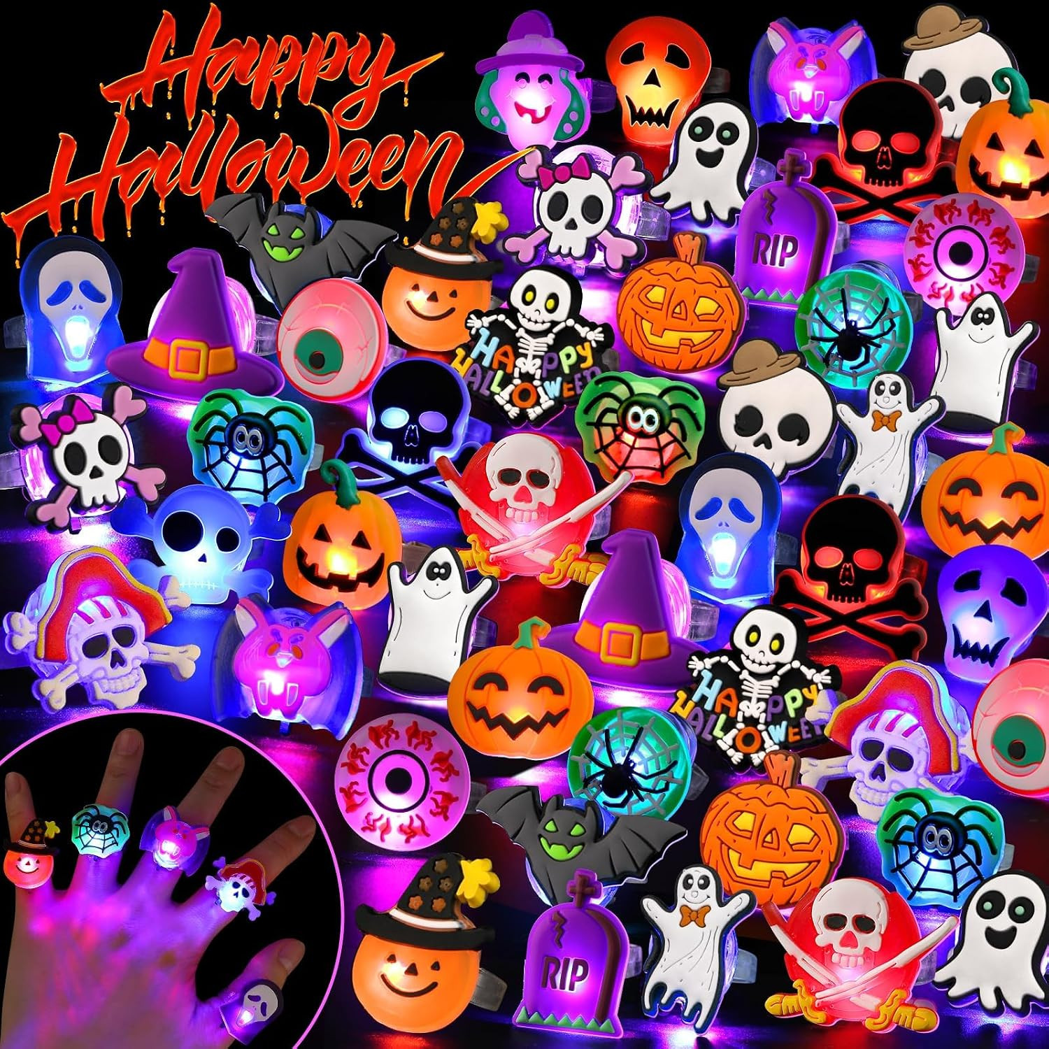 Coluans Halloween Party Favors for Kids Adults Halloween Treats 50Pcs LED Ring Accessories Light Up Rings Accessories Flash Rings Non Candy Gift Bag Fillers NEW VERSION | Amazon (US)