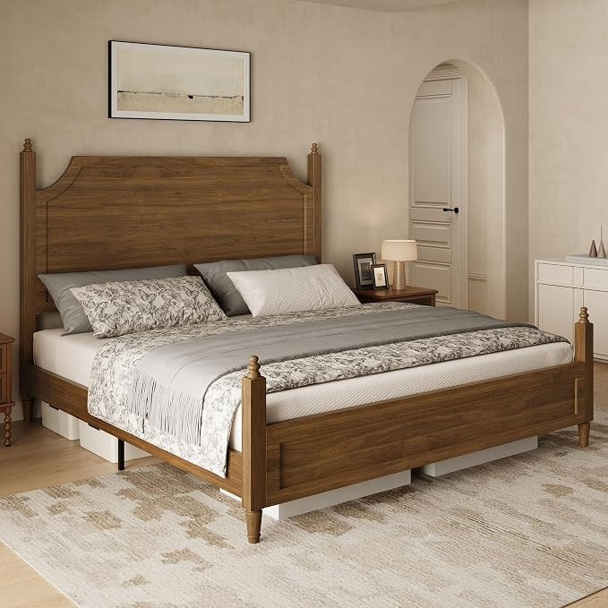 Belffin Wood King Size Bed Frame with Curved Headboard, Vintage Platform Bed, Traditional Four Po... | Amazon (US)
