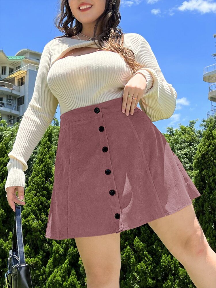 SHEIN EZwear Plus High Waist Single Breasted Corduroy Skirt | SHEIN