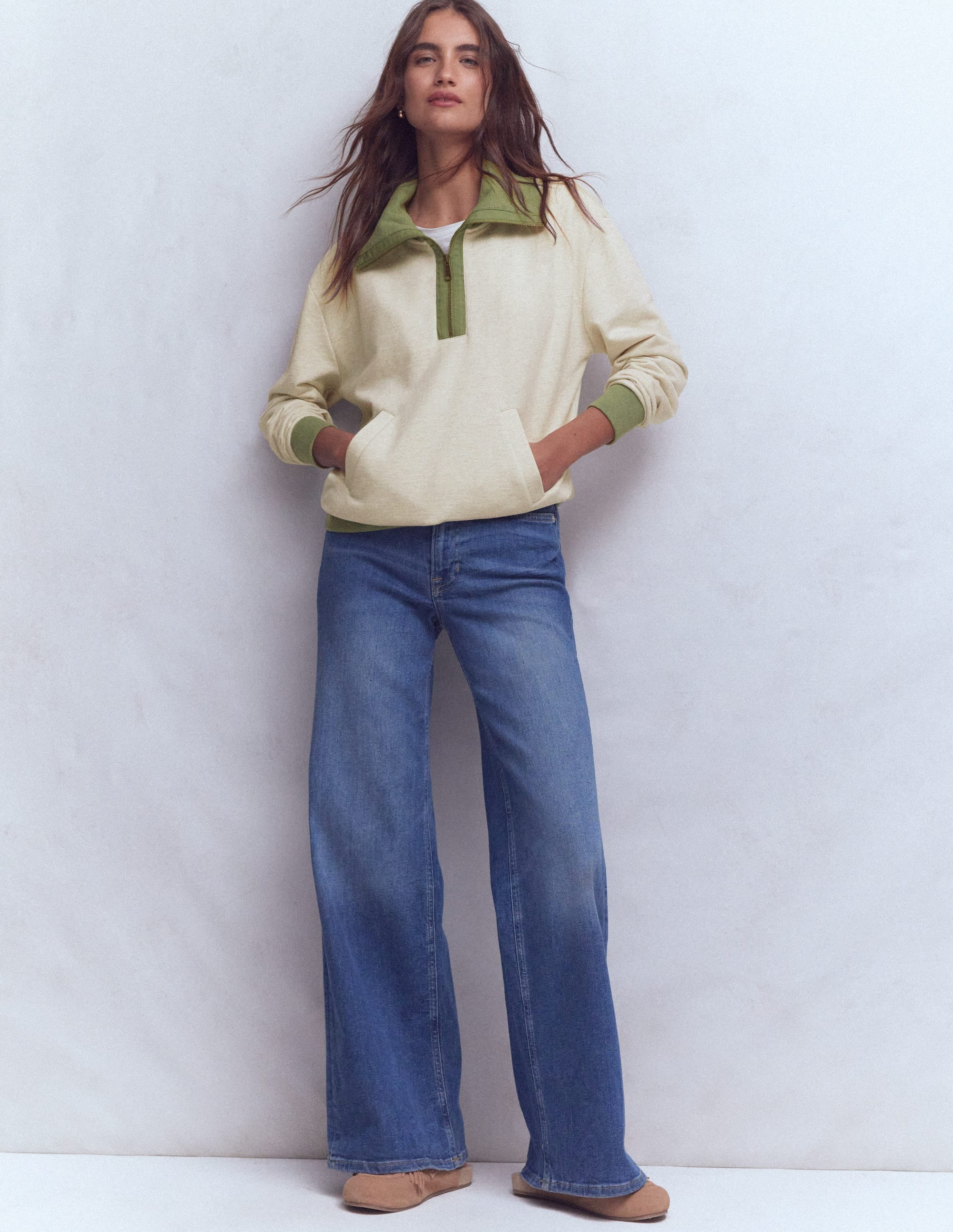 Colourblock Sweatshirt-Khaki and Oatmeal Marl | Boden UK