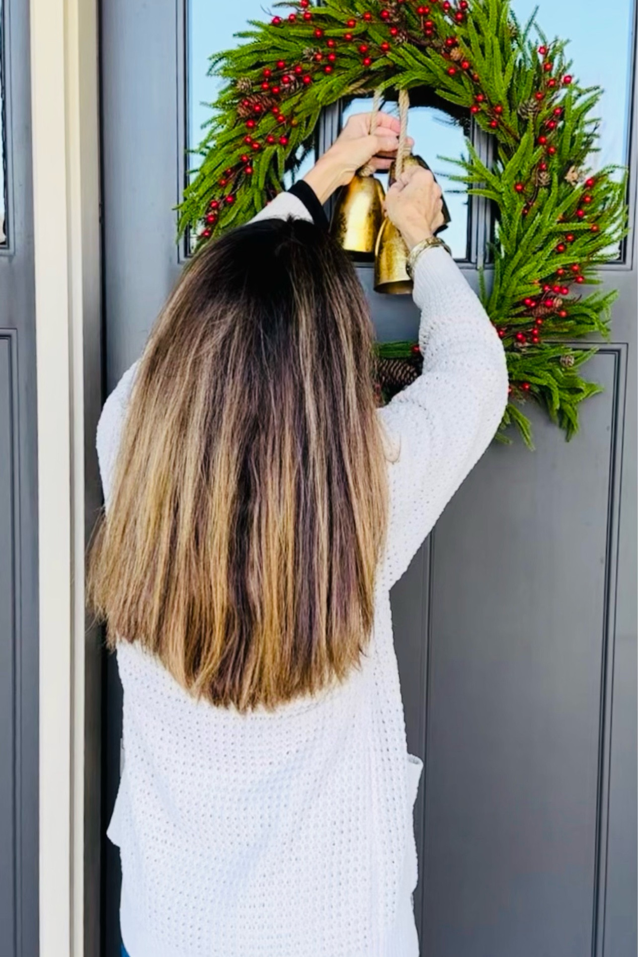 Although the wreath I have here is from Hobby Lobby the Norfolk pine wreath, here is a similar one from Target with the exact bells I I used from Walmart. It looks so nice together on the door ❤️💚

#LTKHoliday #LTKstyletip #LTKhome