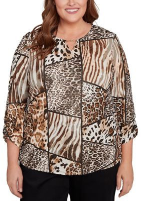 Alfred Dunner Women's Plus Size Puff Animal Print Top, Tan, X-Large | Belk