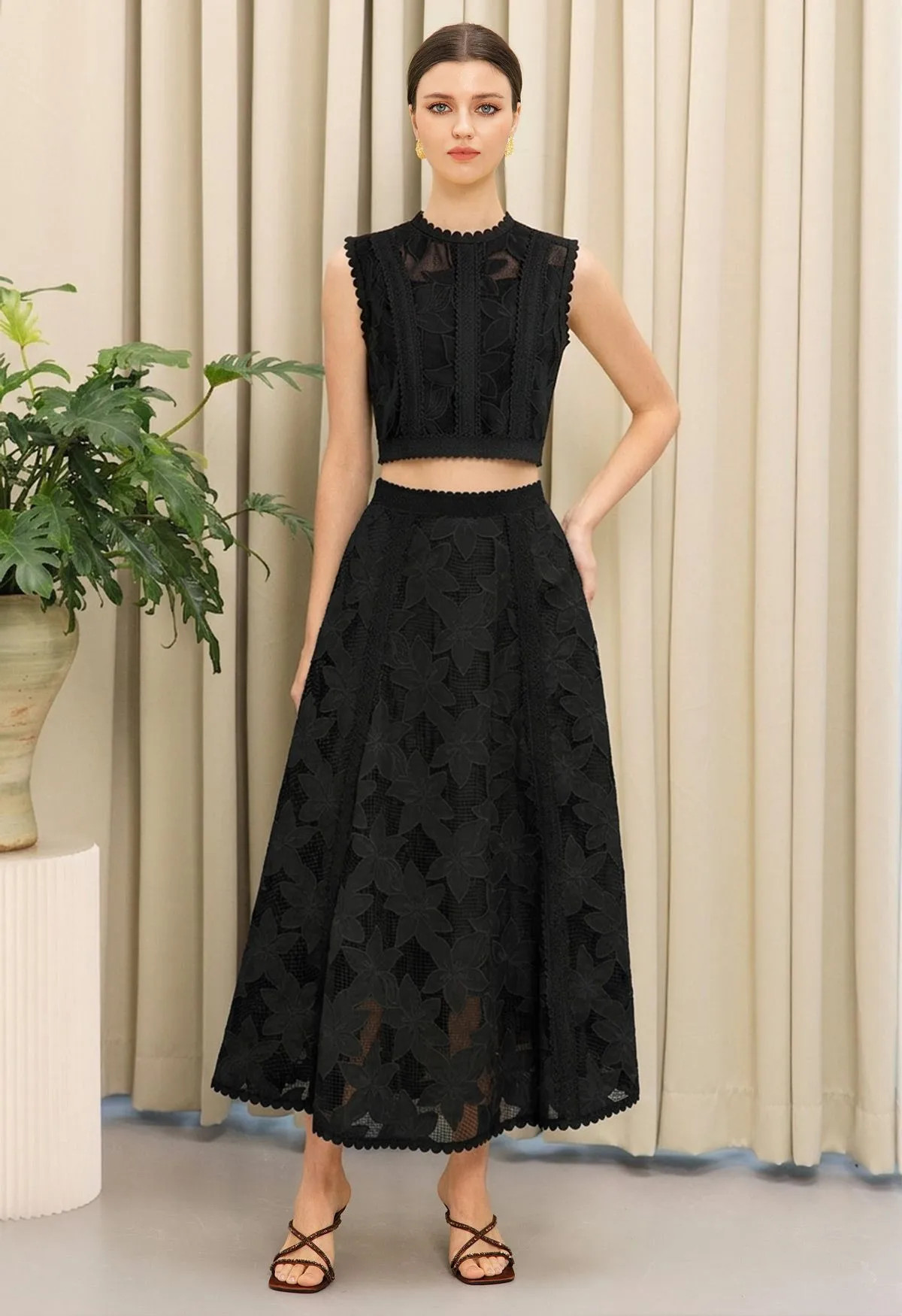 Serene Floral Grid Lace Sleeveless Top and Maxi Skirt Set in Black for Outdoor Weddings & Vacatio... | Chicwish