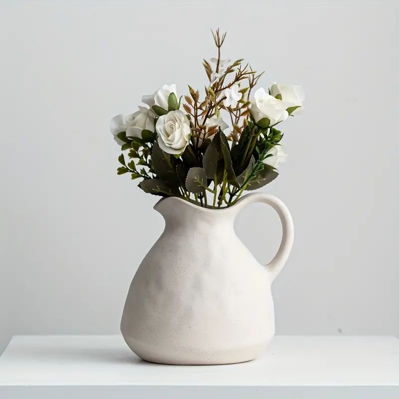1pc Ceramic White Vase With Handle, Rustic Pitcher Vase For Home Decor, Vintage Jug Vase For Farm... | Temu Affiliate Program