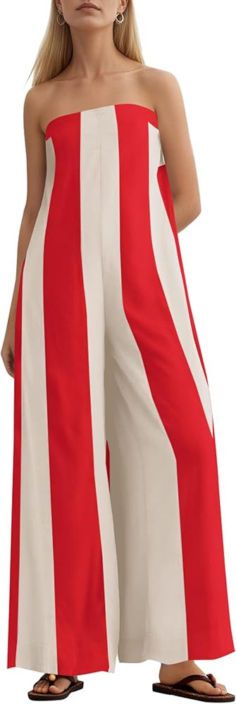MISSACTIVER Summer Wide Leg Jumpsuits for Women Striped Strapless Long Rompers 2025 Sleeveless On... | Amazon (US)